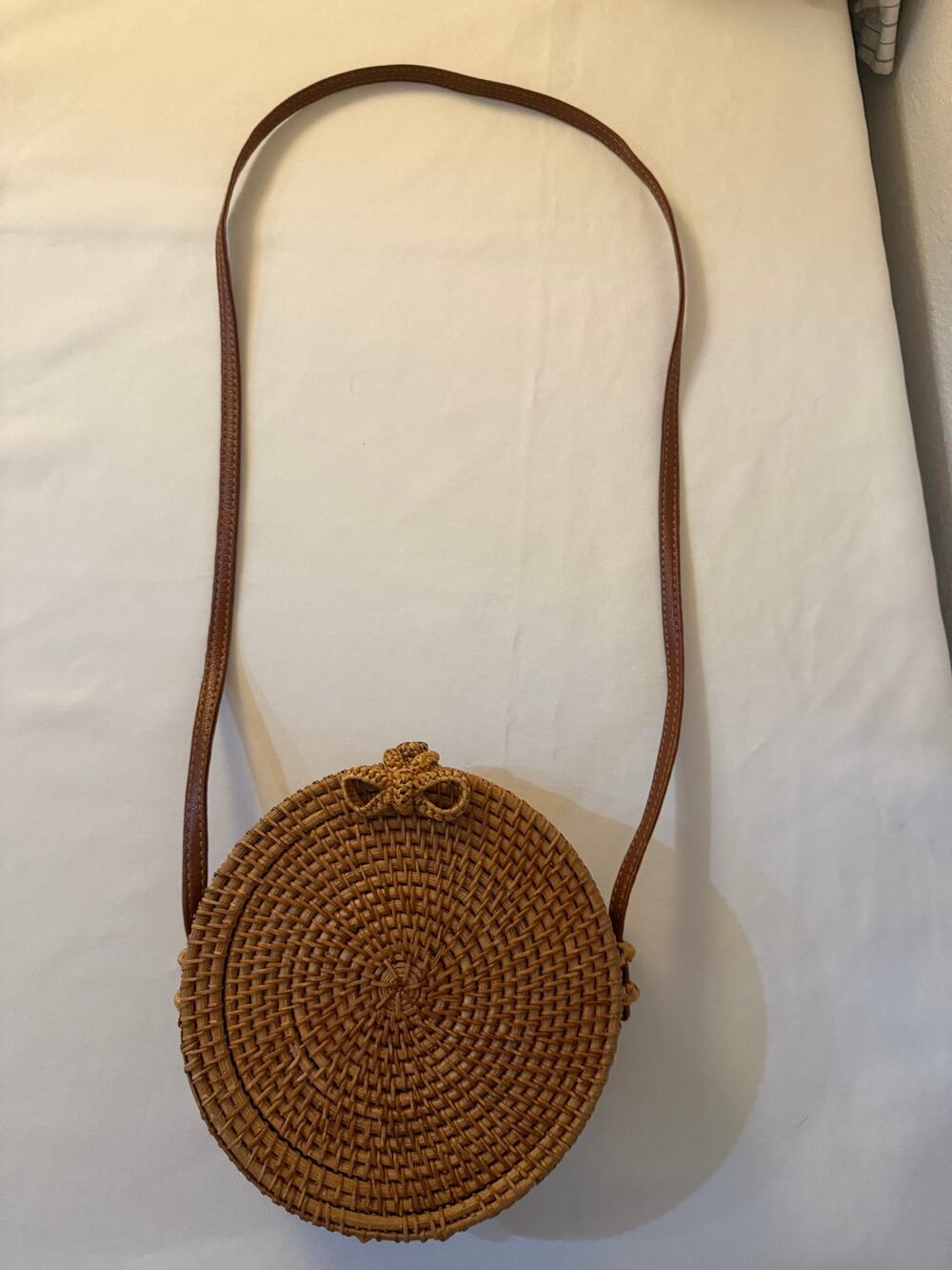 Round Rattan Wicker Crossbody Bag Floral Lined Boho Coastal Purse